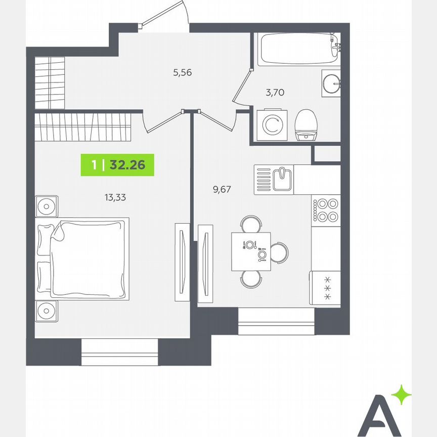 1-к. квартира, 32,3 м², 1/12 эт.