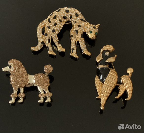 Винтаж Броши Леопард, пудель, совы, черепаха