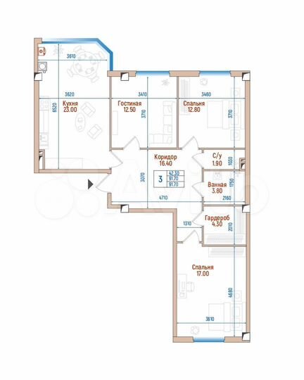 3-к. квартира, 91,7 м², 6/8 эт.