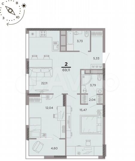 2-к. квартира, 69,1 м², 11/25 эт.