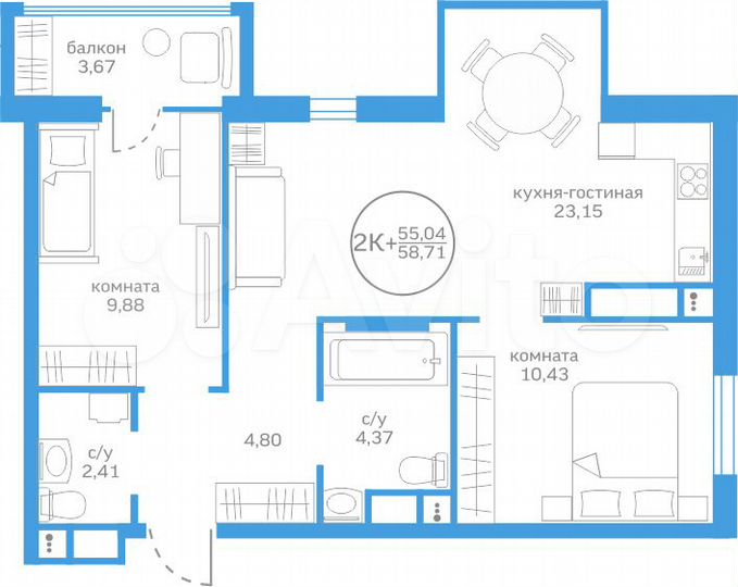 2-к. квартира, 55 м², 17/20 эт.