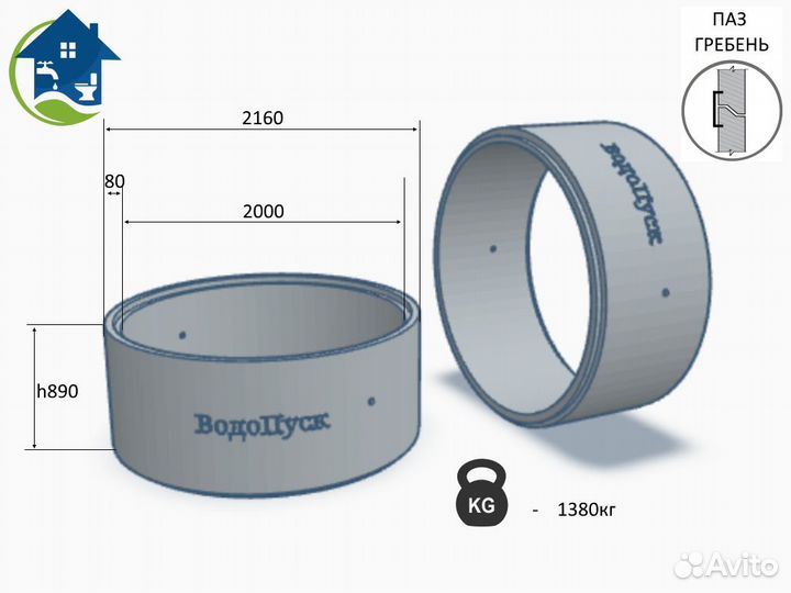 Жб кольцо сквозное кс 20-9 паз/гребень ГОСТ