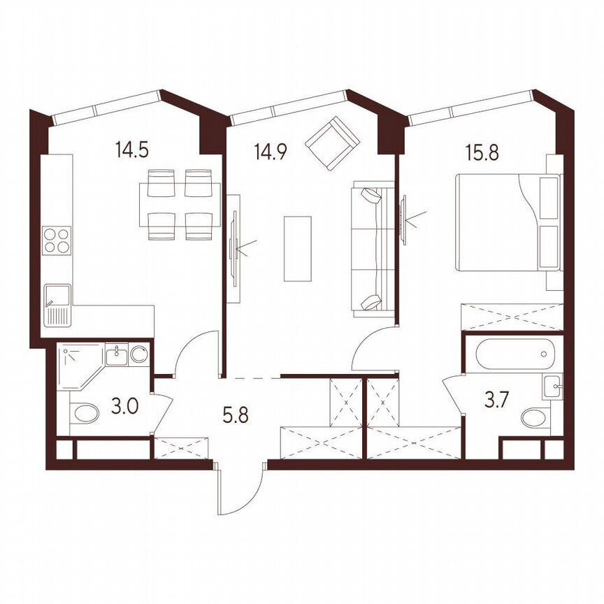 2-к. квартира, 57,7 м², 22/26 эт.