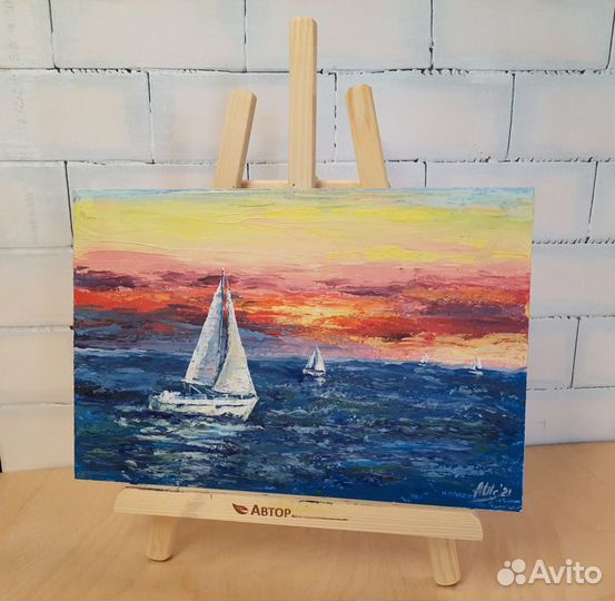 Картина яхта парусник Этюд закат Морской пейзаж