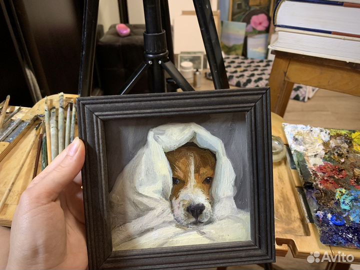 Картина маслом собака в раме