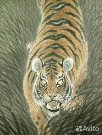 Японский старинный живописный свиток Тигр