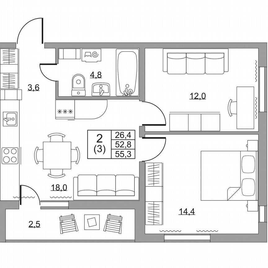 2-к. квартира, 55,3 м², 4/8 эт.