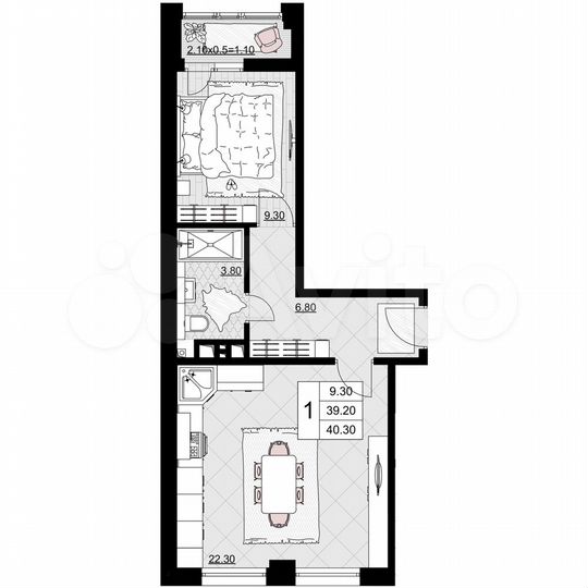1-к. квартира, 40,3 м², 7/9 эт.