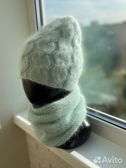 Комплект зимний шапка снуд из ангоры пух норки