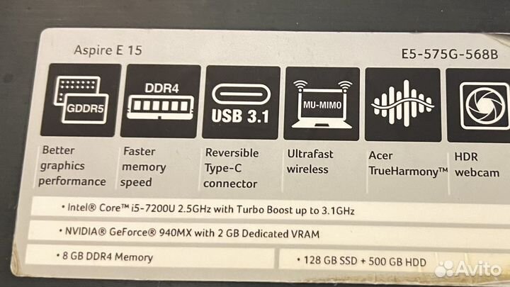 Acer Aspire E15 i5/8gb ddr4/940MX/128+500gb