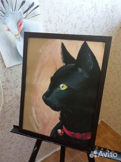 Картина маслом Чёрная кошка с колокольчиком