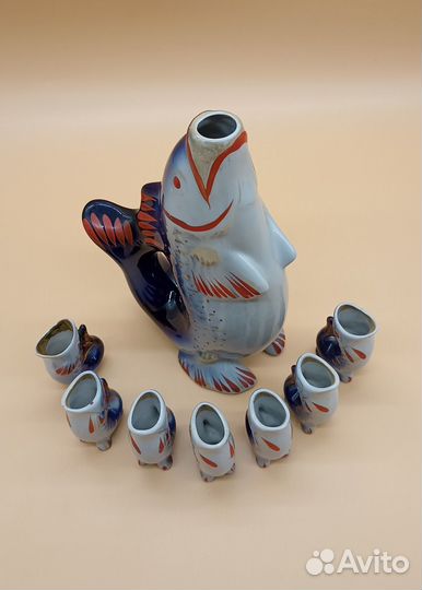 Графин Рыба и 7 стопок. Фарфор СССР. Городница