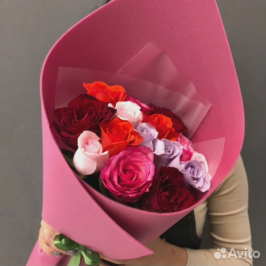 Букет из 15 розы Кения микс 35-40см в фоамиране