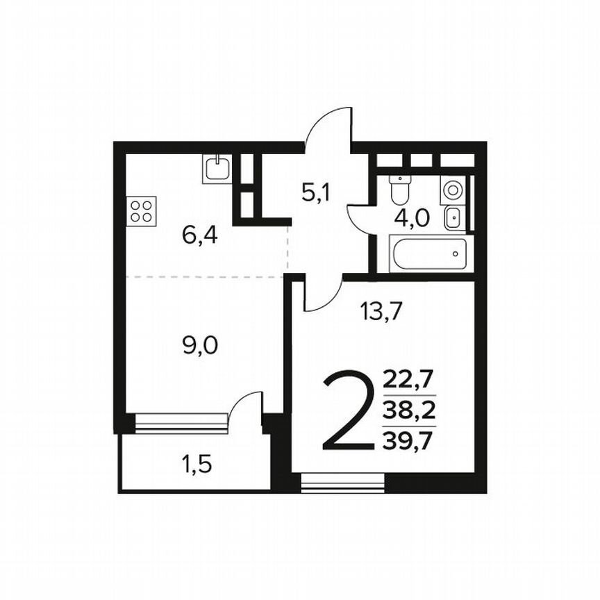 2-к. квартира, 39,7 м², 2/12 эт.