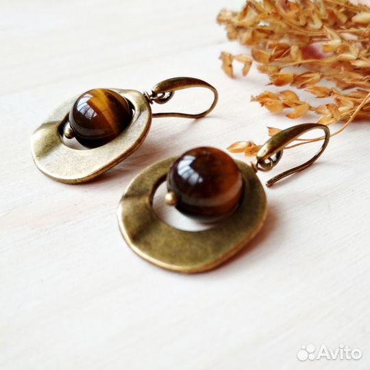 Серьги Тигровый глаз Античная бонза Этника Бохо
