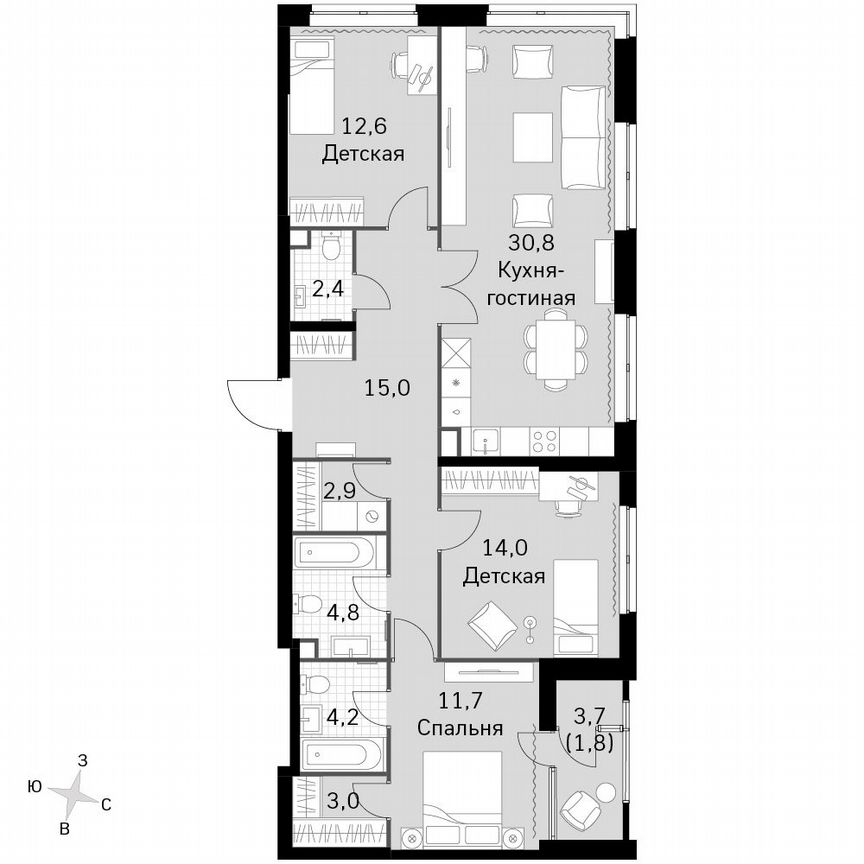 3-к. квартира, 103,2 м², 40/45 эт.