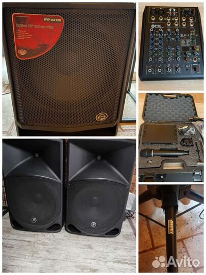 Звуковой комплект колонки сабвуфер пульт микрофоны