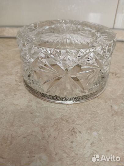 Хрустальная конфетница с мельхиоров ободком СССР