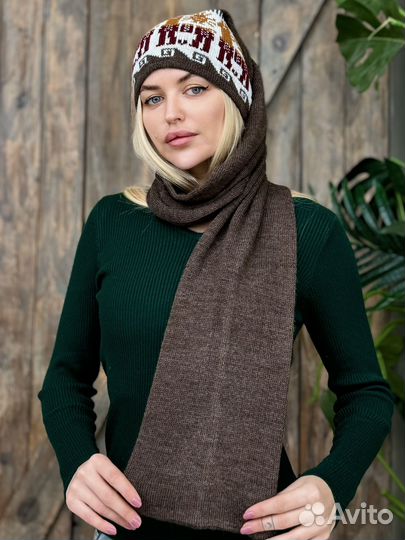 Перуанская женская шапка- шарф Лама цвет коричневый