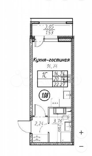 Квартира-студия, 22,3 м², 3/14 эт.