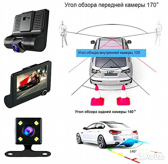 Видеорегистратор 1080pWDR 3в1 запись сразу 3 камер