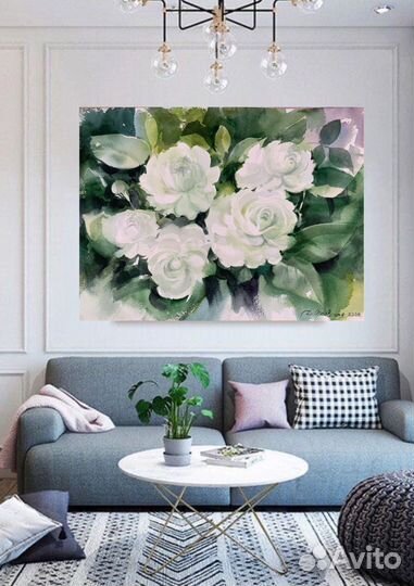 Картина белые розы акварель оригинал