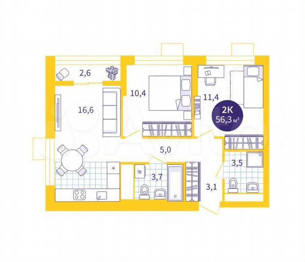 2-к. квартира, 56,3 м², 16/18 эт.