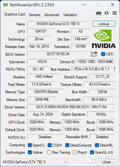 Видеокарта Nvidia gtx750ti 2gb