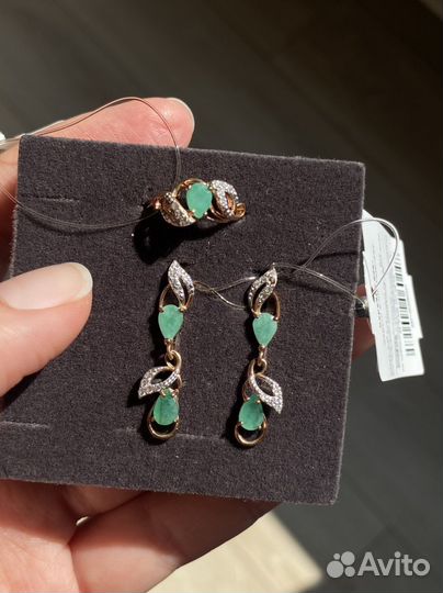 Комплект серьги кольцо серебро с изумрудами