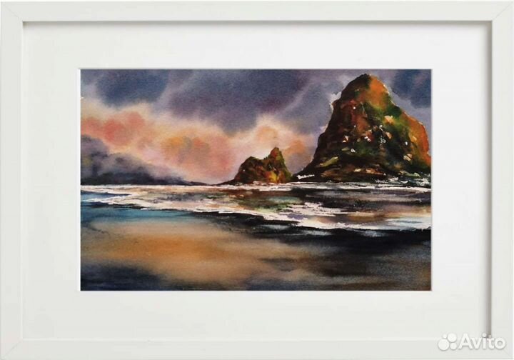 Фьорды на закате. Пейзаж, акварель