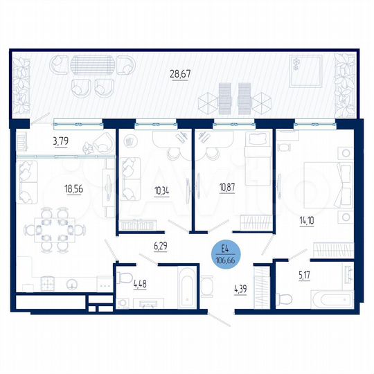 3-к. квартира, 106,7 м², 1/18 эт.