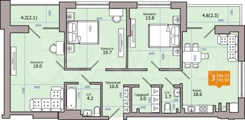 3-к. квартира, 90,9 м², 12/18 эт.
