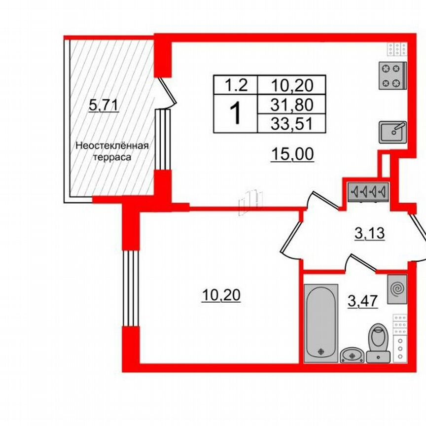 1-к. квартира, 31,8 м², 5/5 эт.