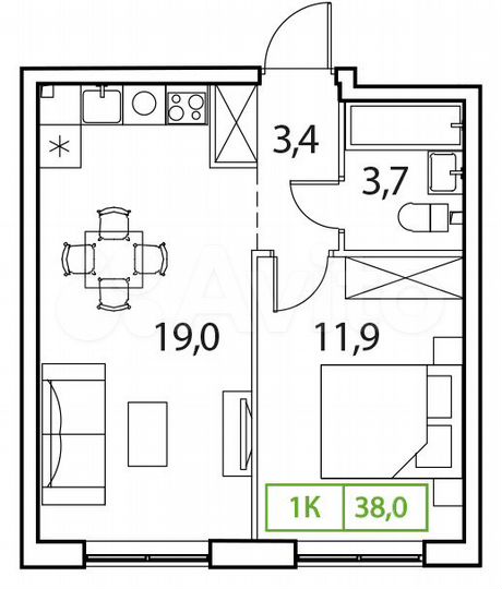1-к. квартира, 38 м², 12/15 эт.