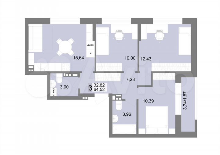 3-к. квартира, 64,5 м², 9/10 эт.