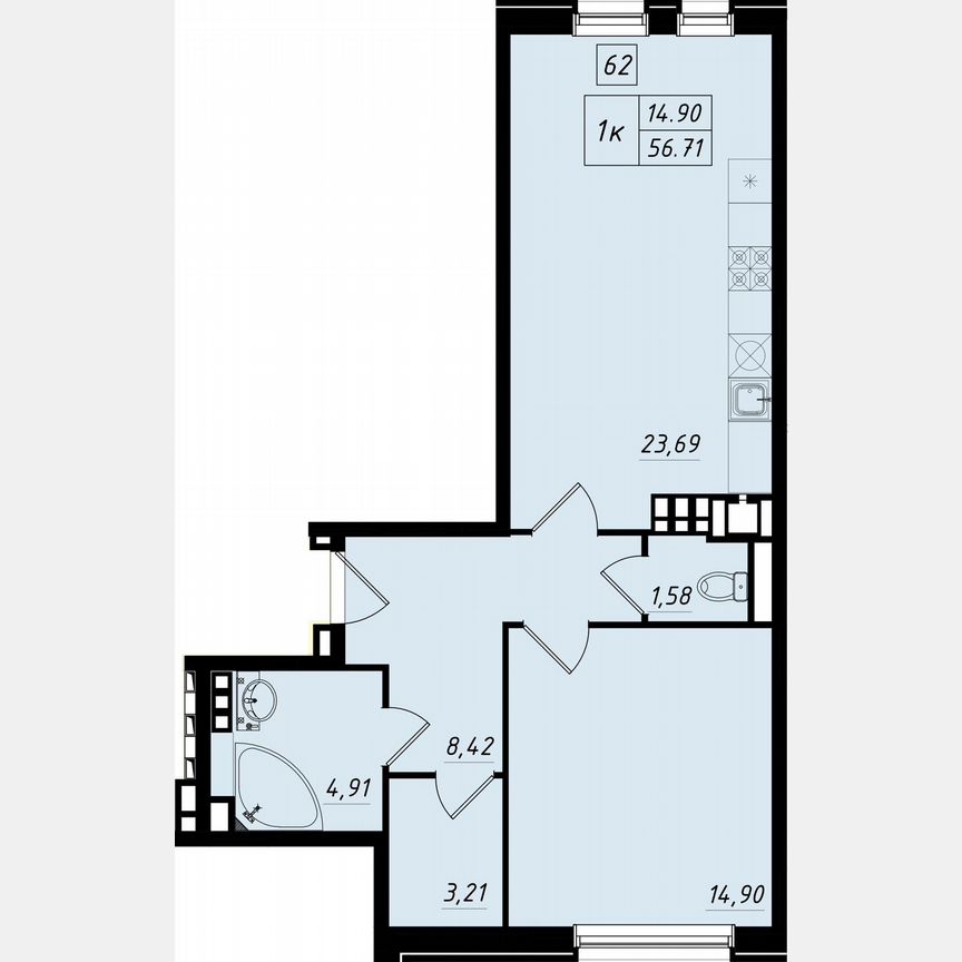 1-к. квартира, 54,1 м², 3/4 эт.