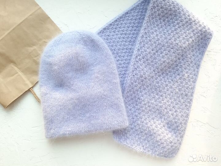 Шапка бини, двойная шапка и шарф из пуха норки