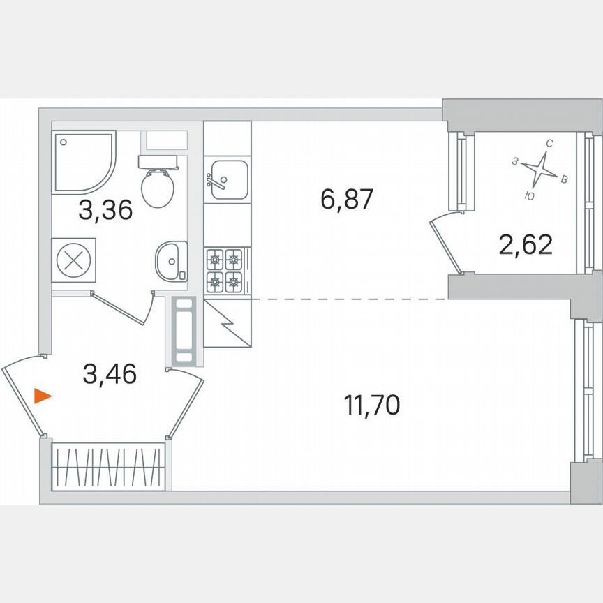 Квартира-студия, 26,7 м², 3/4 эт.