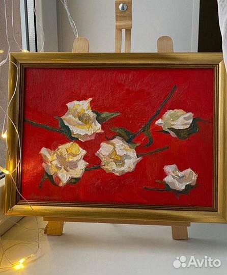 Картина маслом «Розы на красном»