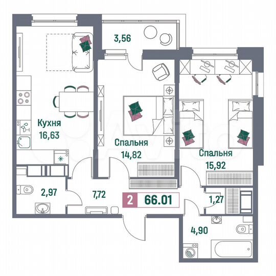 2-к. квартира, 66 м², 15/16 эт.