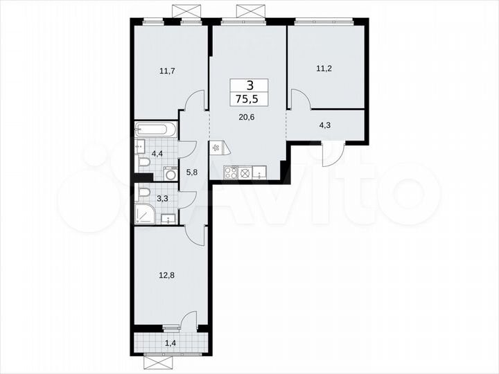 3-к. квартира, 75,5 м², 4/17 эт.