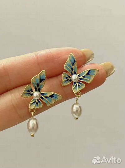 Серьги бабочки с жемчужиной