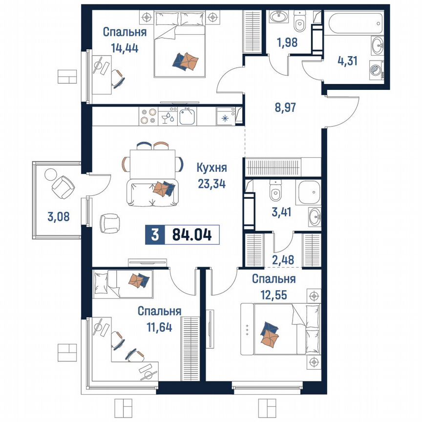 3-к. квартира, 84 м², 17/18 эт.