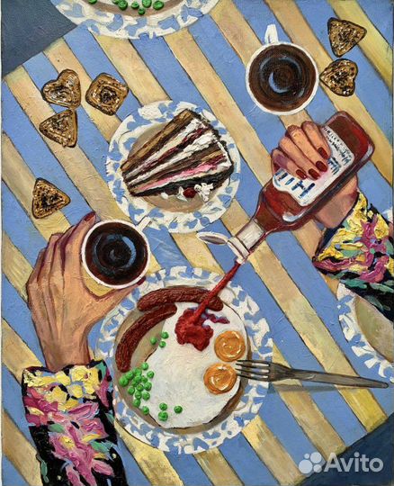 Картина маслом натюрморт завтрак яичница торт