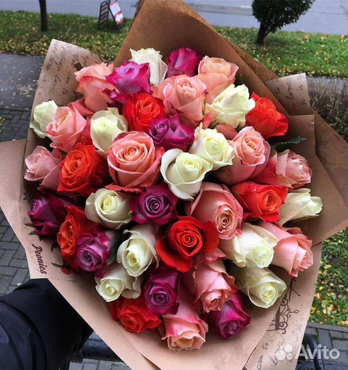 Букет разноцветных роз, Эквадор, 40см 51 шт