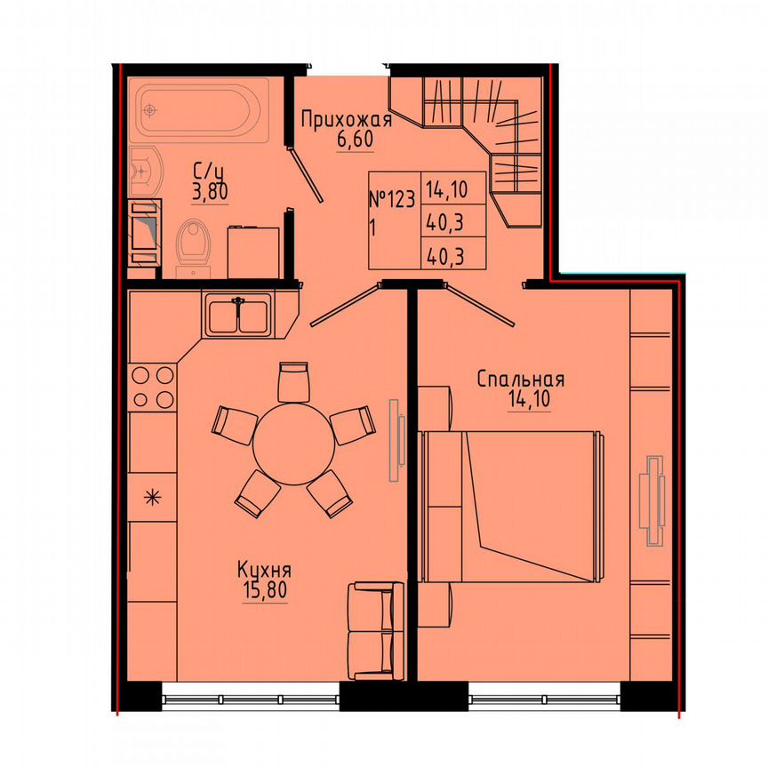1-к. квартира, 40,3 м², 3/8 эт.