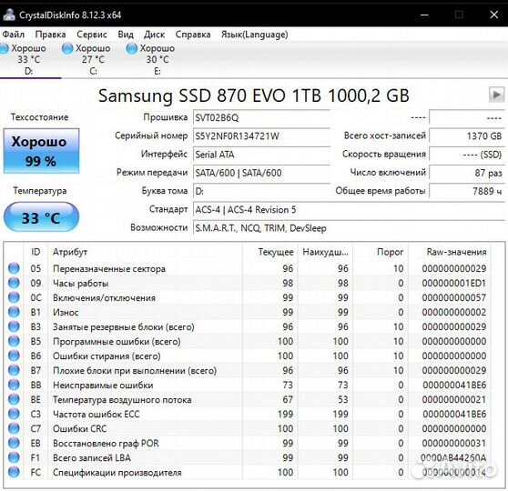 Диск SSD Samsung 860 EVO 1Tb (health 99) оригинал
