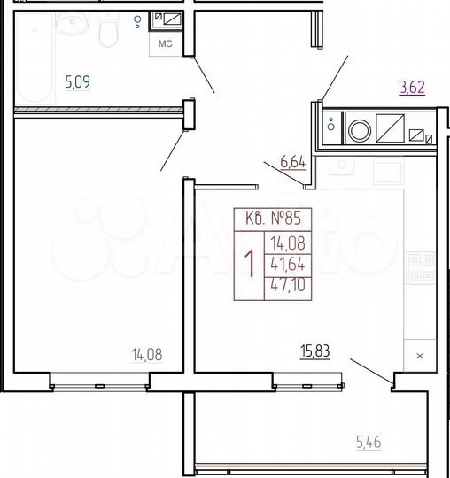 1-к. квартира, 47,1 м², 4/9 эт.