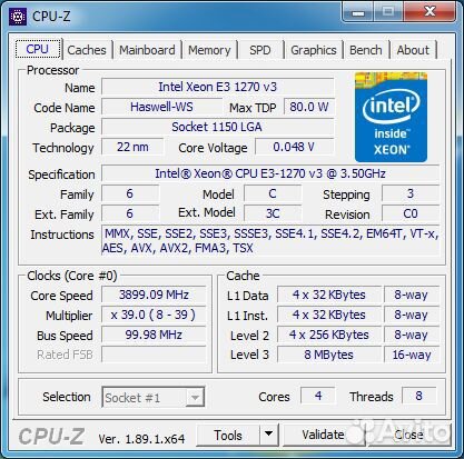 1150 Intel Xeon E3-1270 v3 / 8 потоков до 3.9ghz