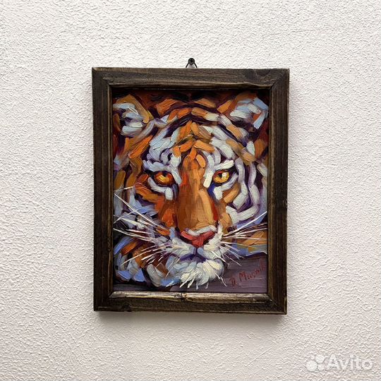 Тигр картина маслом в раме 23х28 см